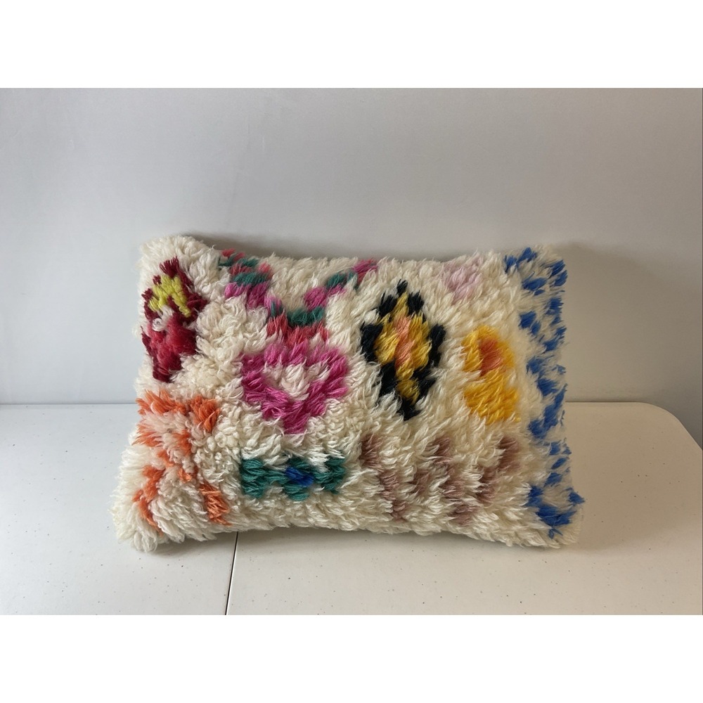 Anthropologie Camu Shag Pillow Colorful  Wool and Cotton 14x21 Rare w/insert